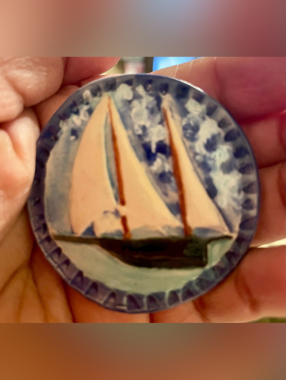 Blue and Cream Sailboat Brooch - Women’s Jewelry
